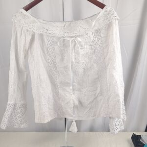 White Lace Off-Shoulder Peasant Top with Tassel Tie